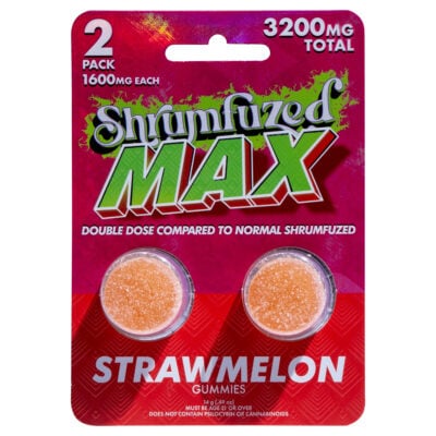 Shrumfuzed MAX Nootropic Mushroom Gummies 2pc The Shrumfuzed MAX Nootropic Mushroom Gummies 2pc packaging highlights two potent gummies totaling 3200mg in vibrant red, featuring Double dose compared to normal Shrumfuzed and stating Must be 21+ to enjoy. Does not contain psilocybin, cannabinoids, or nootropics.