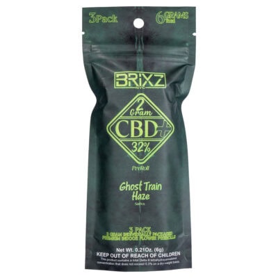 A sleek black package labeled BRIXZ NYC with CBD+ 32% Pre-Roll in green text contains three 2g pre-rolls of Sativa Ghost Train Haze, totaling 6g (0.21 oz). Keep out of reach of children.