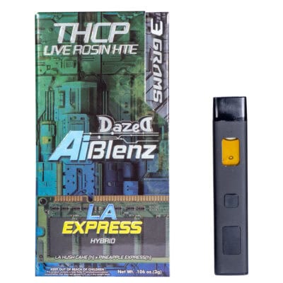 Dazed Ai Blenz THCP Live Rosin Disposable 3g A box labeled Dazed THCP Live Rosin AI Blenz Disposable 3g sits next to a sleek black vaping device with green and blue digital graphics. The devices distinctive yellow button and mouthpiece add allure.