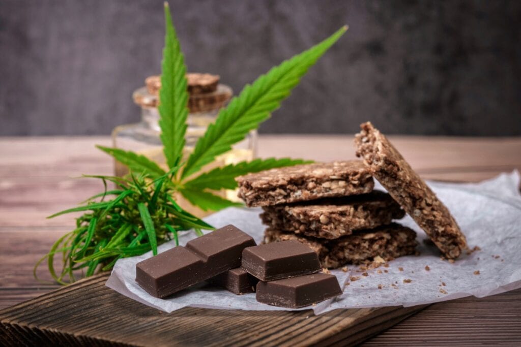 A collection of weed chocolate bars and edibles placed together