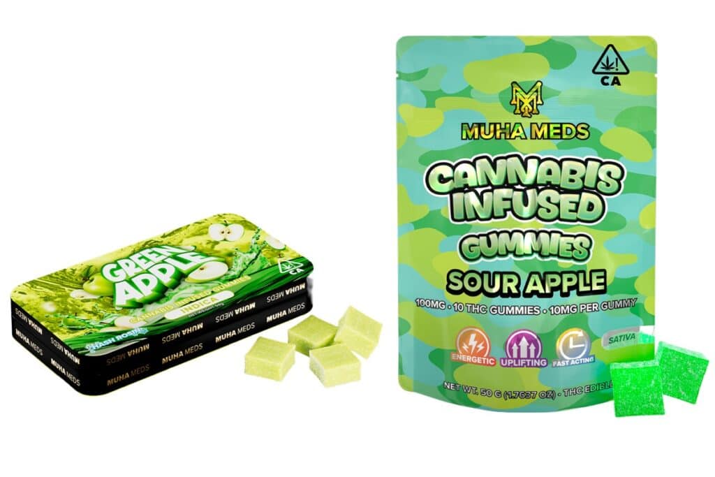 Two different types of Muha Meds gummies are placed together