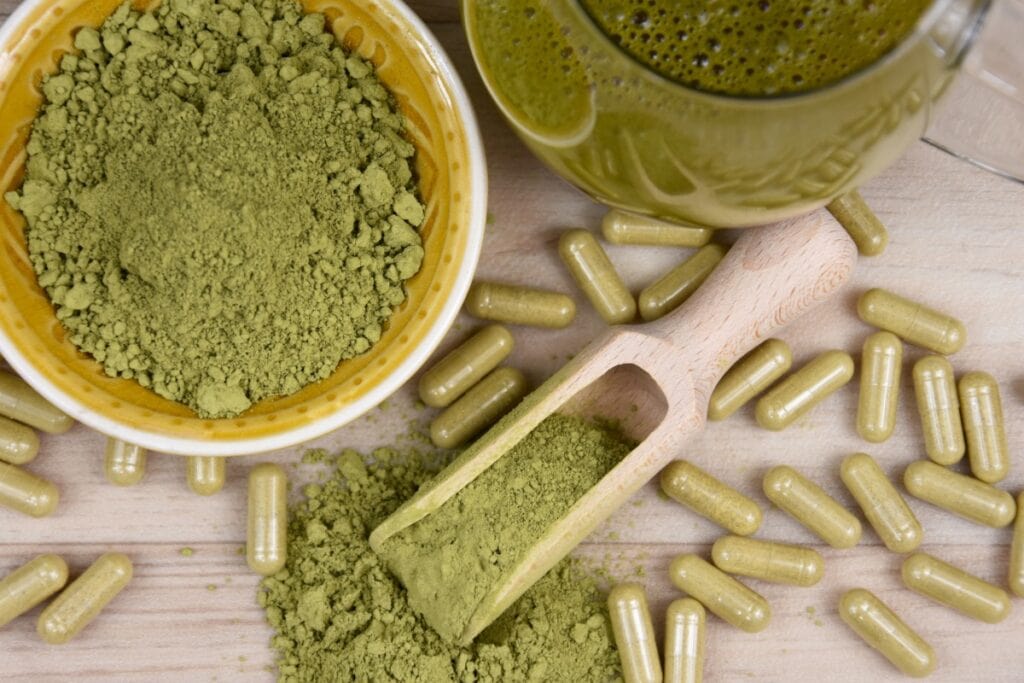 Kava capsules and powder are kept together
