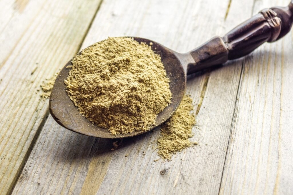 Kava supplement powder on spoon